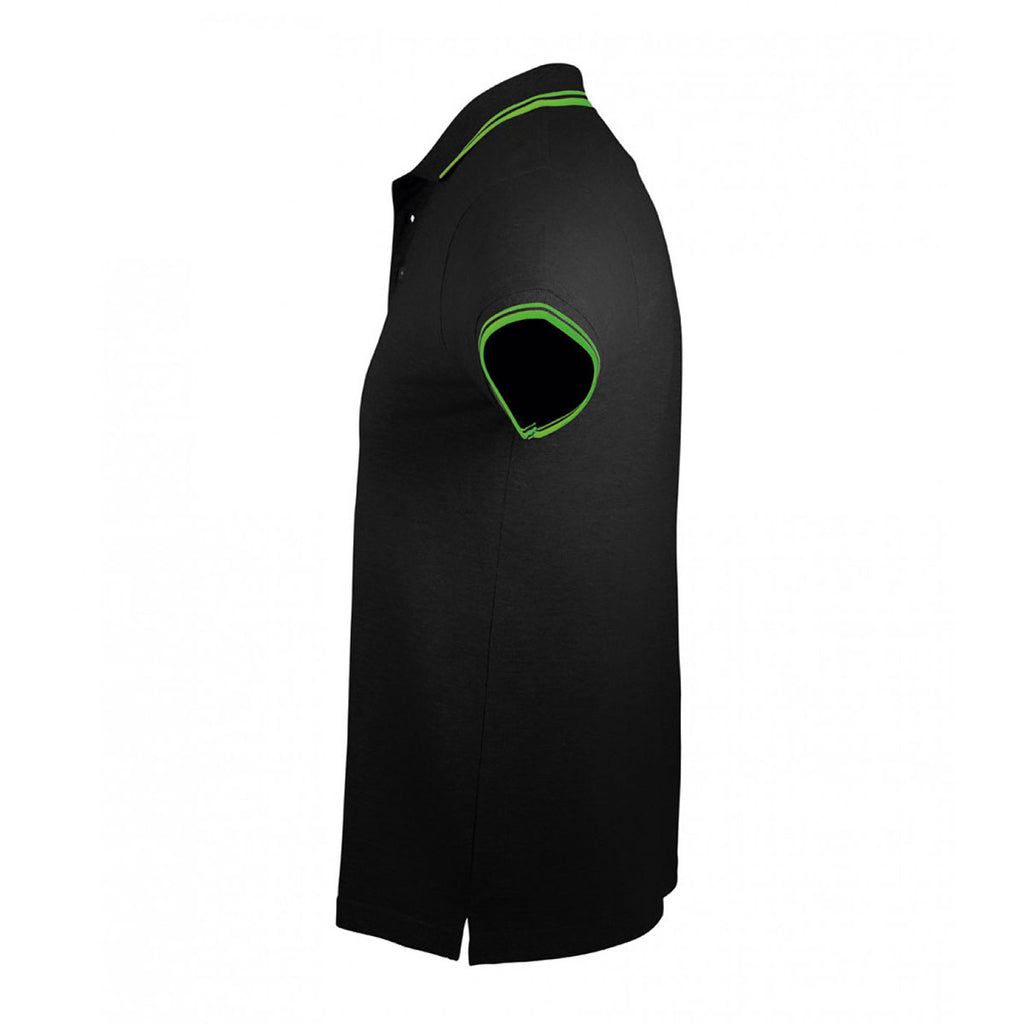 SOL'S Men's Black/Lime Pasadena Tipped Cotton Pique Polo Shirt