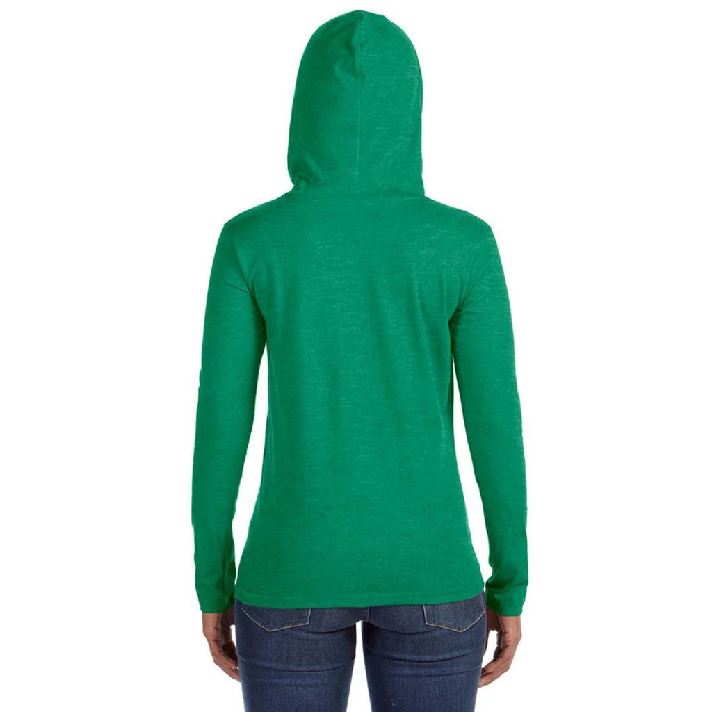 Anvil Women's Heather Green/Neon Yellow Long-Sleeve Hooded T-Shirt