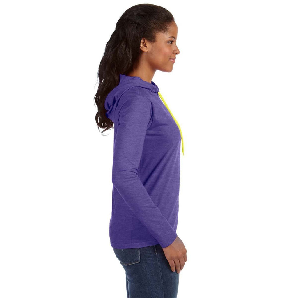 Anvil Women's Heather Purple/Neon Yellow Long-Sleeve Hooded T-Shirt