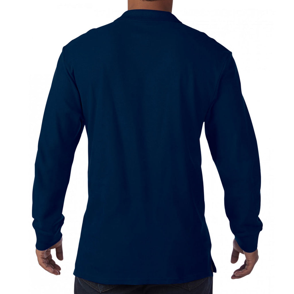 Gildan Men's Navy Long Sleeve Premium Cotton Double Pique Polo Shirt
