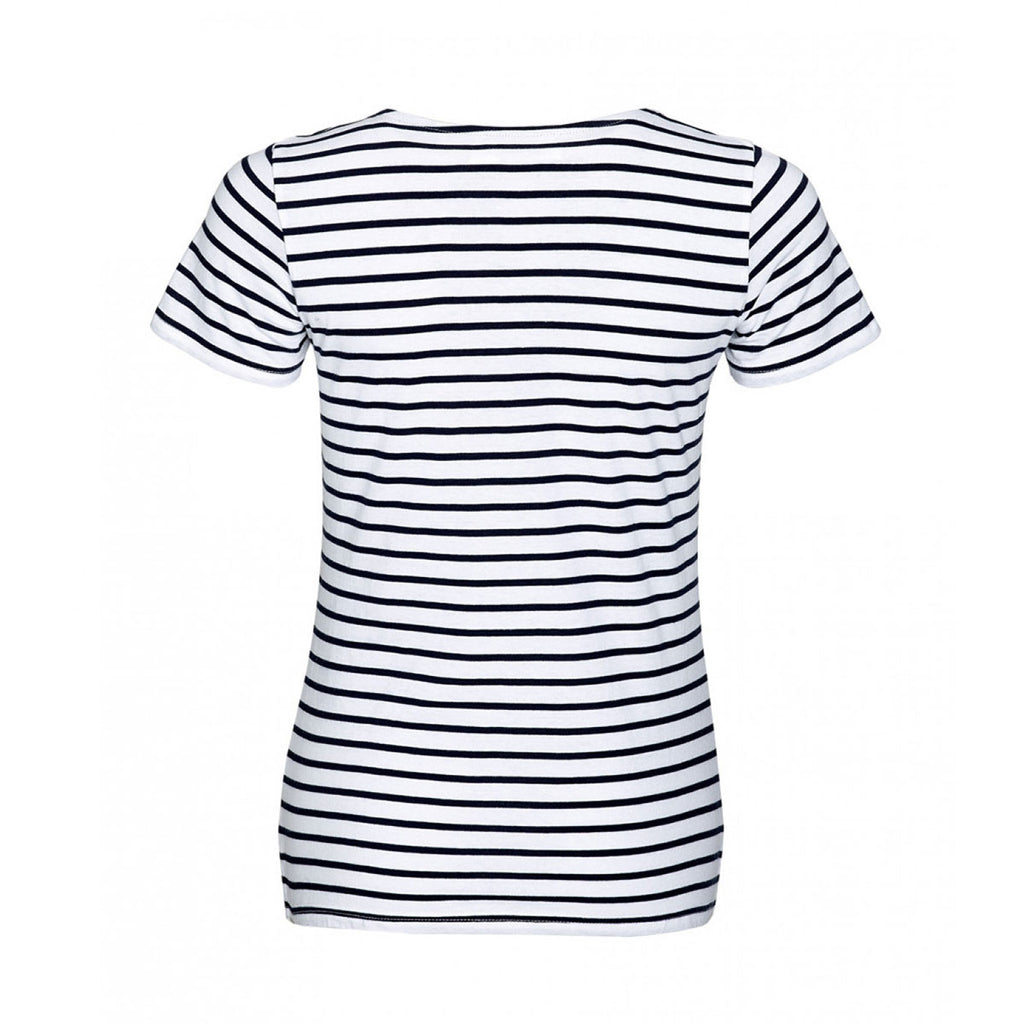 SOL'S Women's White/Navy Miles Stripe T-Shirt