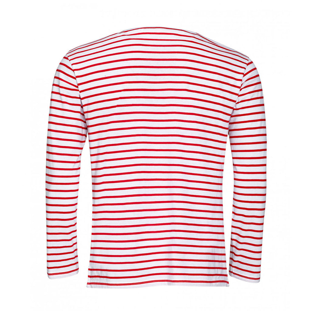 SOL'S Men's White/Red Marine Long Sleeve Stripe T-Shirt
