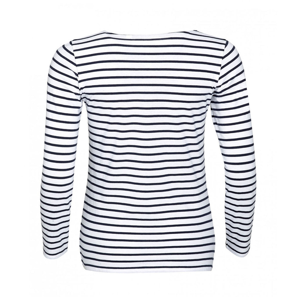 SOL'S Women's White/Navy Marine Long Sleeve Stripe T-Shirt