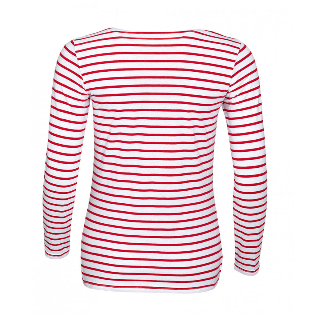 SOL'S Women's White/Red Marine Long Sleeve Stripe T-Shirt
