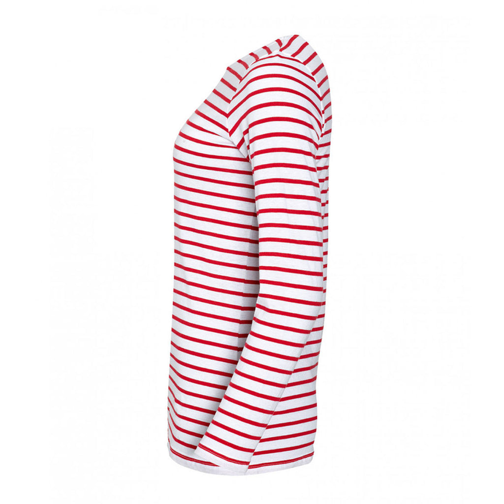 SOL'S Women's White/Red Marine Long Sleeve Stripe T-Shirt