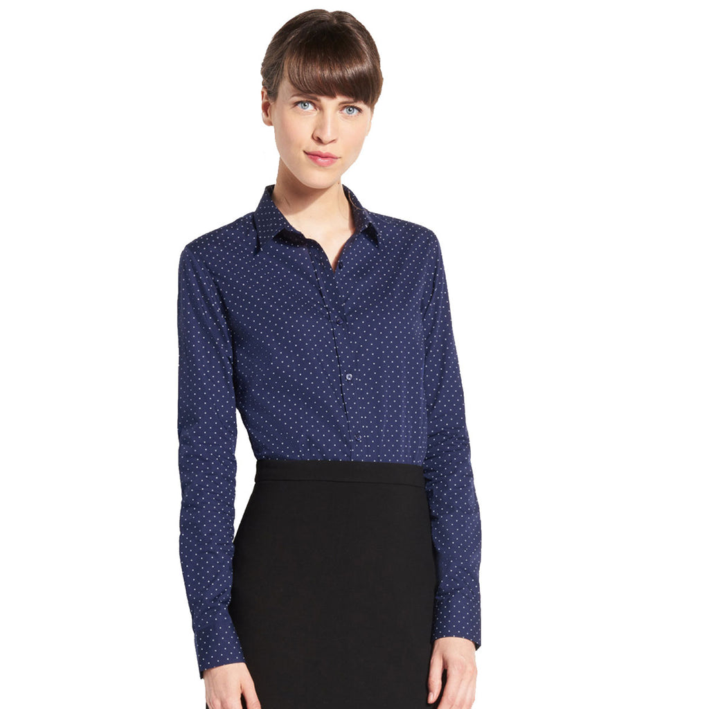 SOL'S Women's French Navy/White Becker Polka Dot Long Sleeve Poplin Shirt