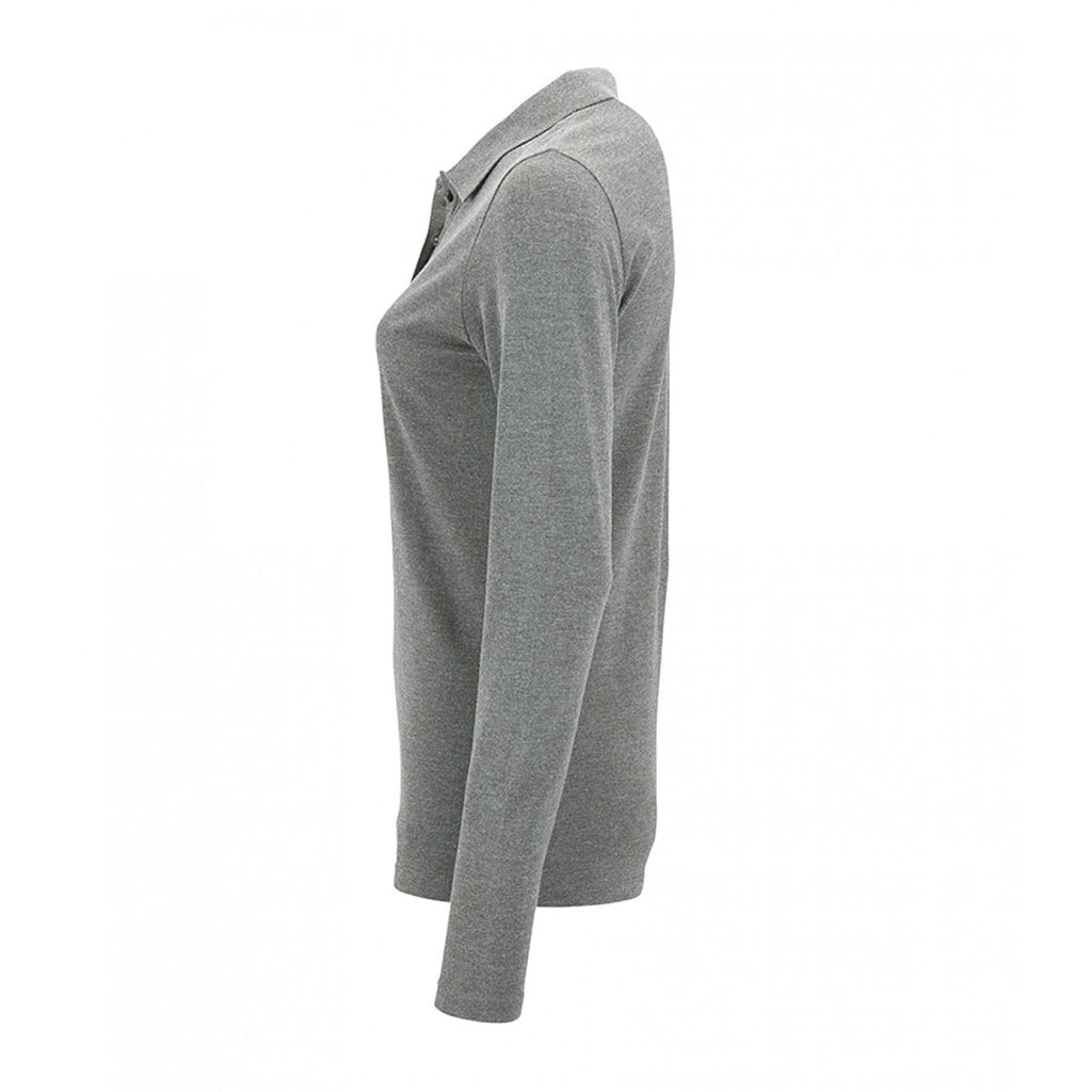 SOL'S Women's Grey Marl Perfect Long Sleeve Pique Polo Shirt
