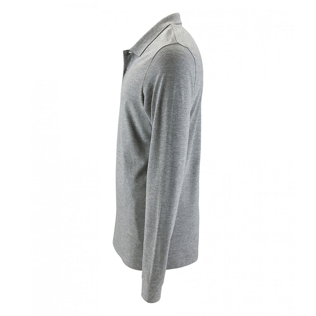 SOL'S Men's Grey Marl Perfect Long Sleeve Pique Polo Shirt