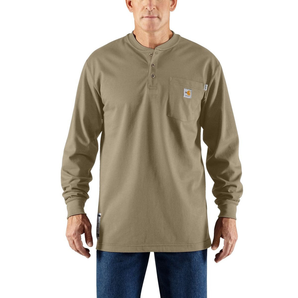 Carhartt Men's Khaki Flame-Resistant Carhartt Force Cotton L/S Henley