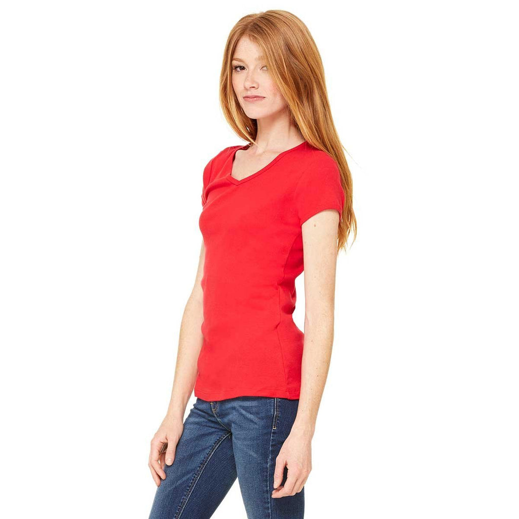 Bella + Canvas Women's Red Stretch Rib Short-Sleeve V-Neck T-Shirt