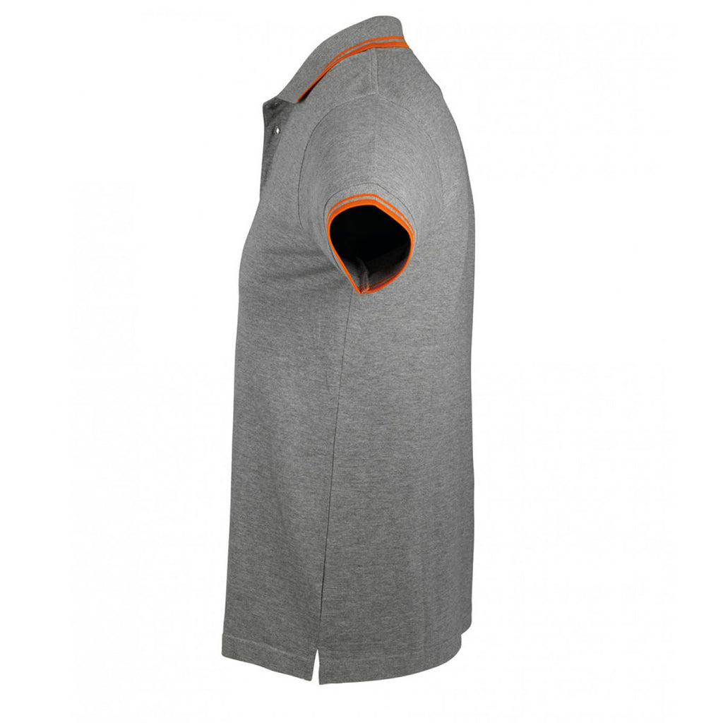 SOL'S Men's Grey Marl/Orange Pasadena Tipped Cotton Pique Polo Shirt