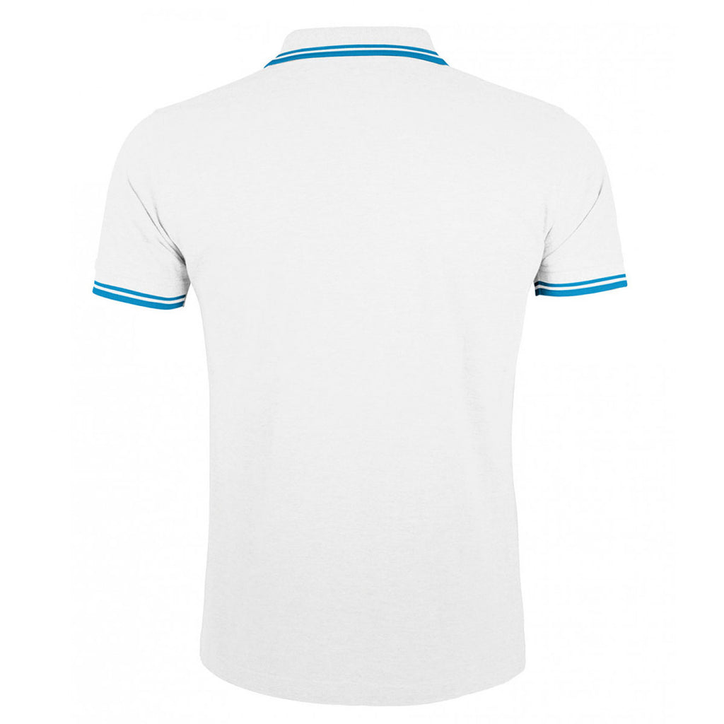 SOL'S Men's White/Aqua Blue Pasadena Tipped Cotton Pique Polo Shirt