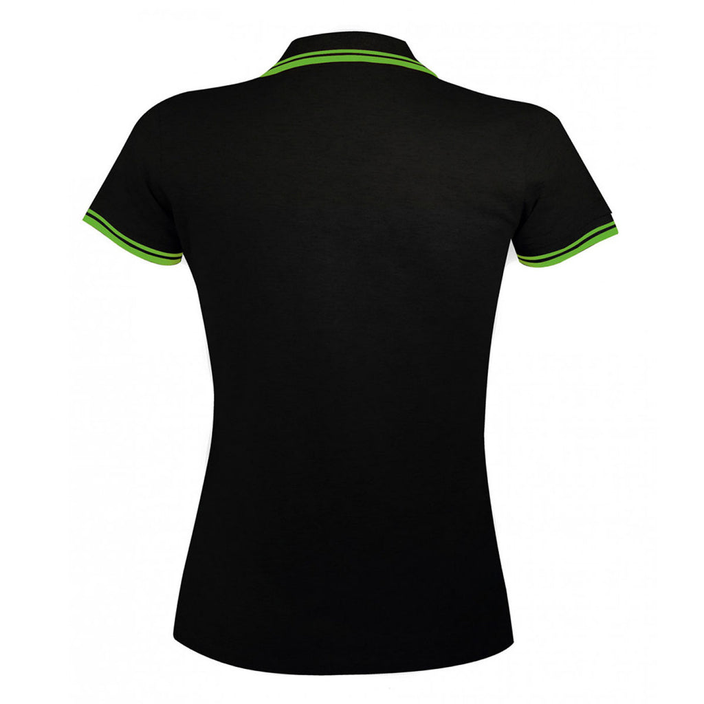 SOL'S Women's Black/Lime Pasadena Tipped Cotton Pique Polo Shirt