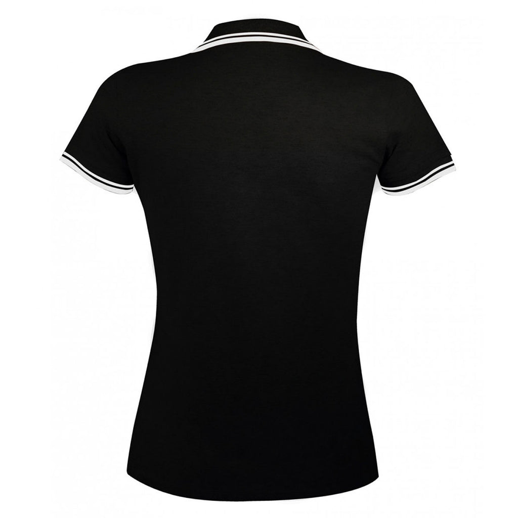 SOL'S Women's Black/White Pasadena Tipped Cotton Pique Polo Shirt