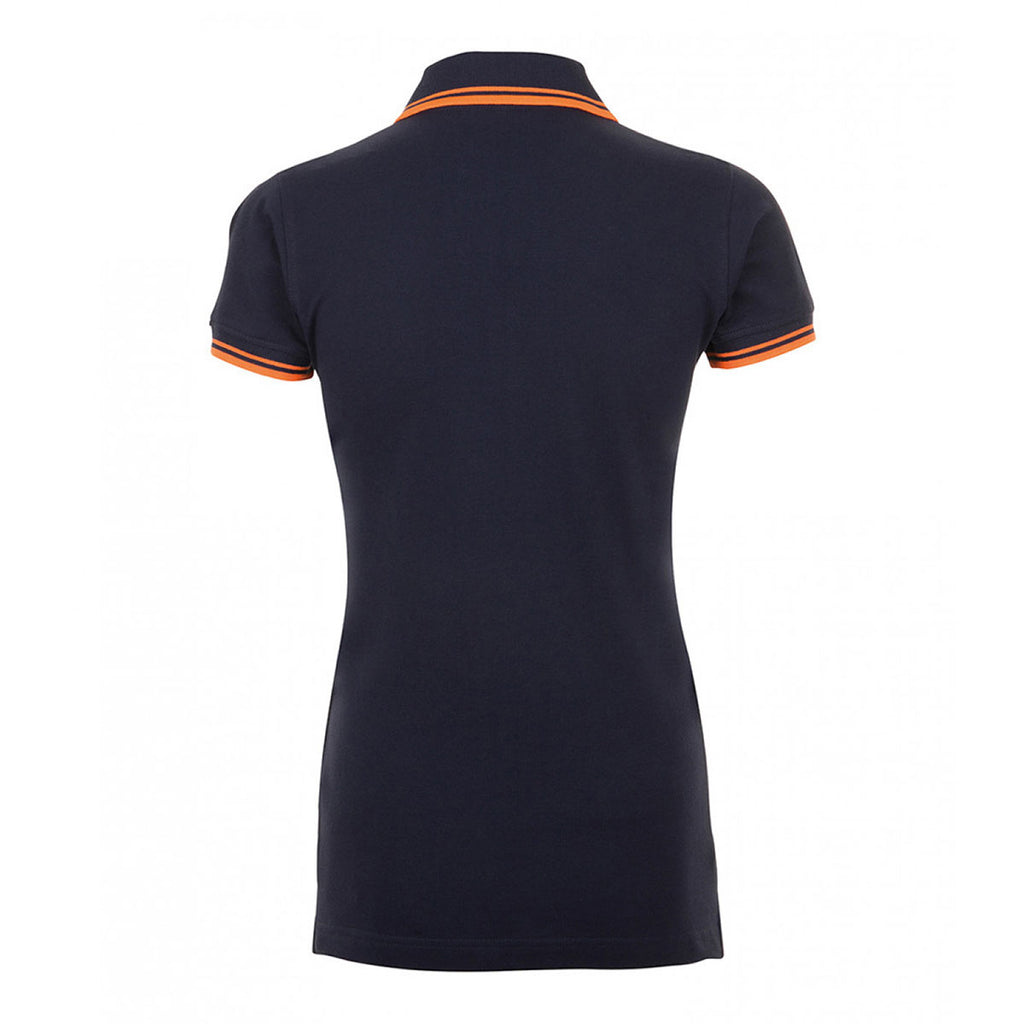 SOL'S Women's French Navy/Neon Orange Pasadena Tipped Cotton Pique Polo Shirt