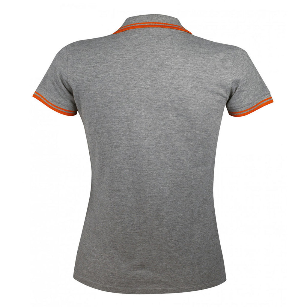 SOL'S Women's Grey Marl/Orange Pasadena Tipped Cotton Pique Polo Shirt