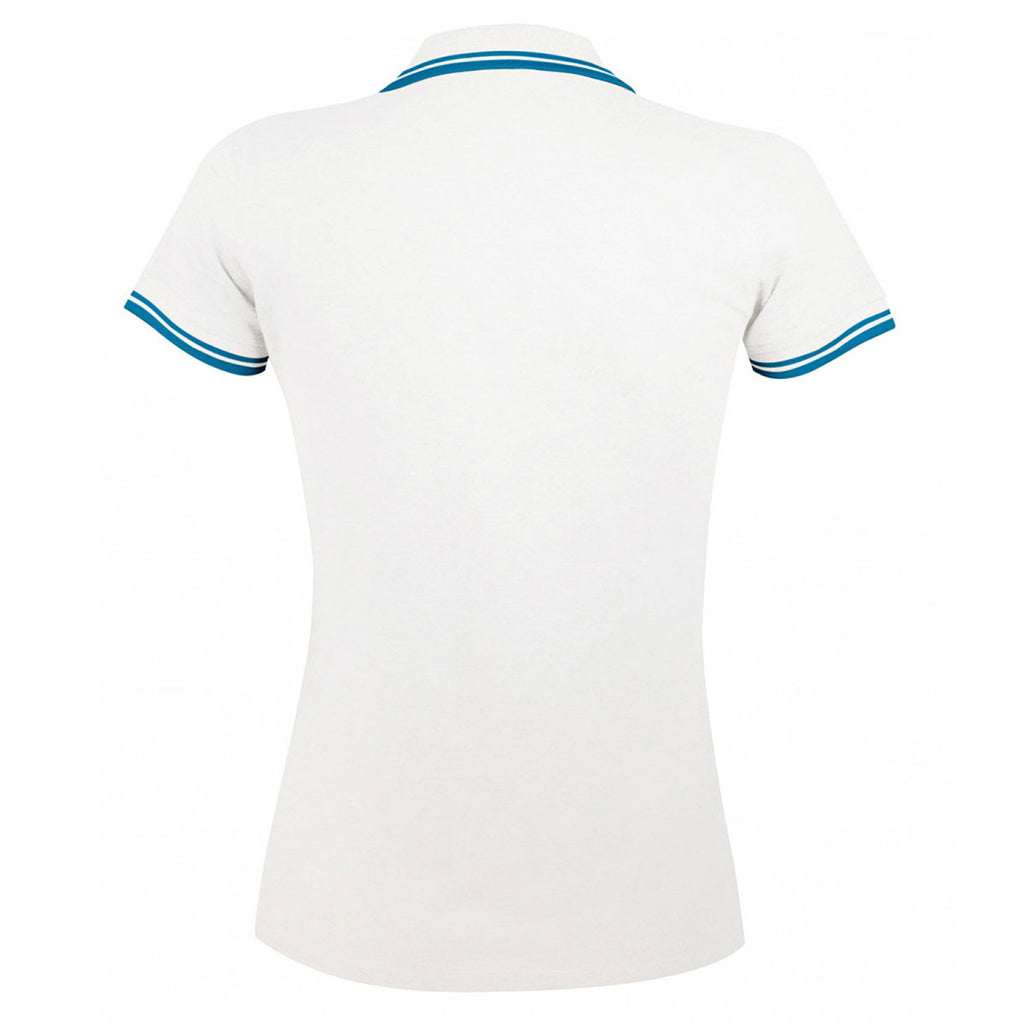 SOL'S Women's White/Aqua Blue Pasadena Tipped Cotton Pique Polo Shirt