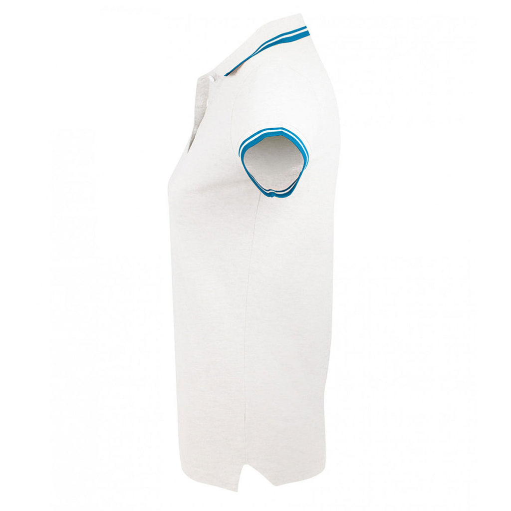 SOL'S Women's White/Aqua Blue Pasadena Tipped Cotton Pique Polo Shirt