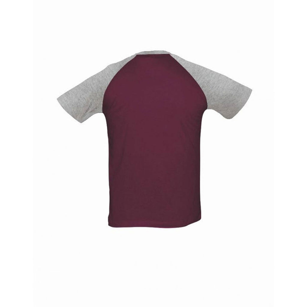 SOL'S Men's Burgundy/Grey Marl Funky Contrast Baseball T-Shirt