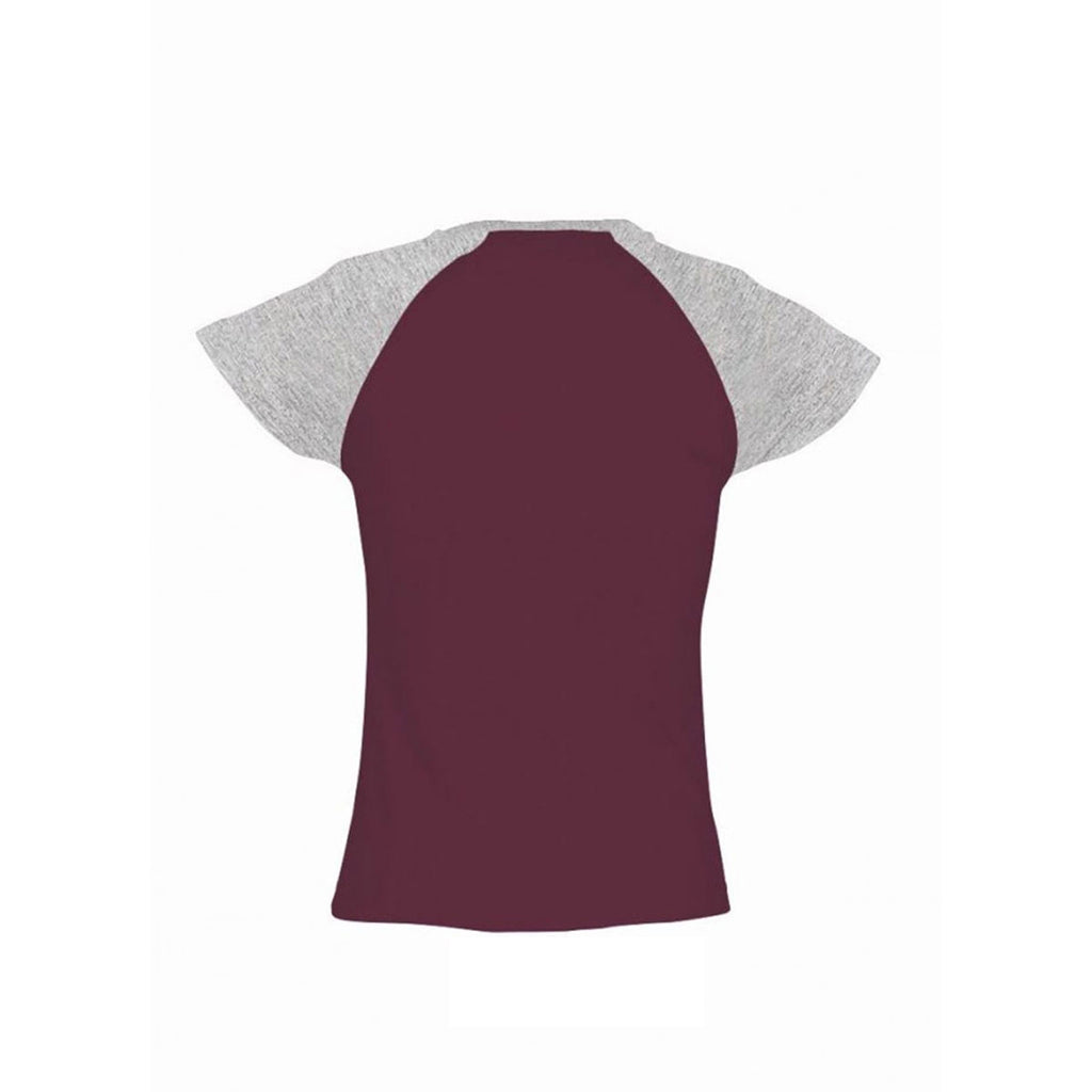 SOL'S Women's Burgundy/Grey Marl Milky Contrast Baseball T-Shirt