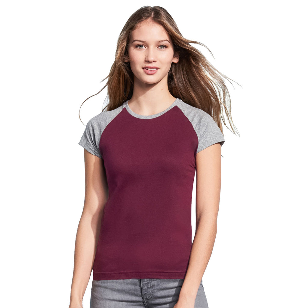 SOL'S Women's Burgundy/Grey Marl Milky Contrast Baseball T-Shirt