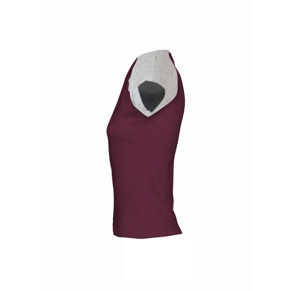 SOL'S Women's Burgundy/Grey Marl Milky Contrast Baseball T-Shirt
