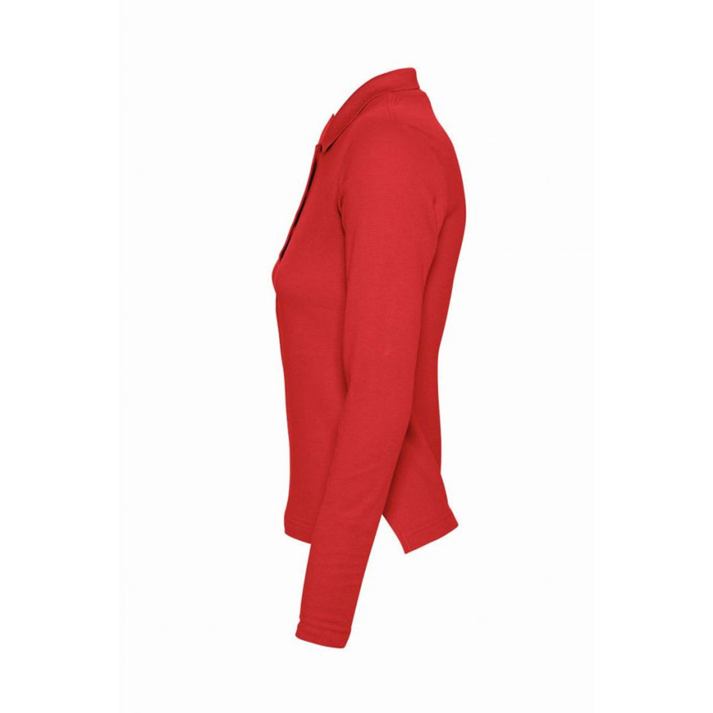 SOL'S Women's Red Podium Long Sleeve Cotton Pique Polo Shirt