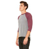 Bella + Canvas Unisex Grey/Maroon Triblend 3/4 Sleeve Baseball T-Shirt