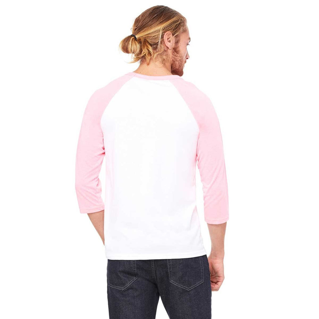 Bella + Canvas Unisex White/Neon Pink 3/4 Sleeve Baseball T-Shirt