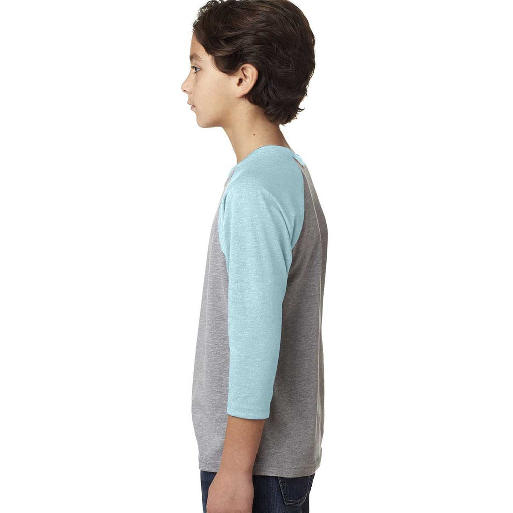 Next Level Youth Ice Blue/Dark Heather Gray CVC 3/4-Sleeve Raglan Tee