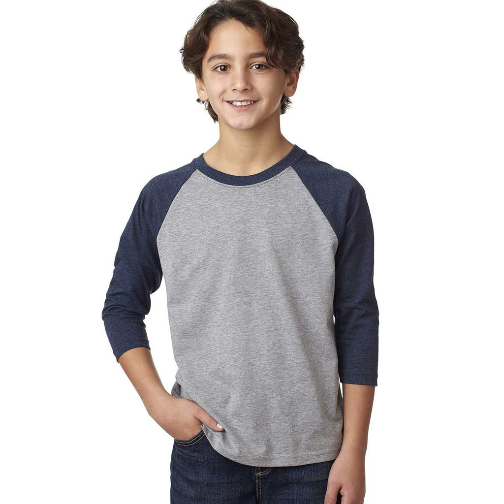 Next Level Youth Mid Navy/Dark Heather Gray CVC 3/4-Sleeve Raglan Tee