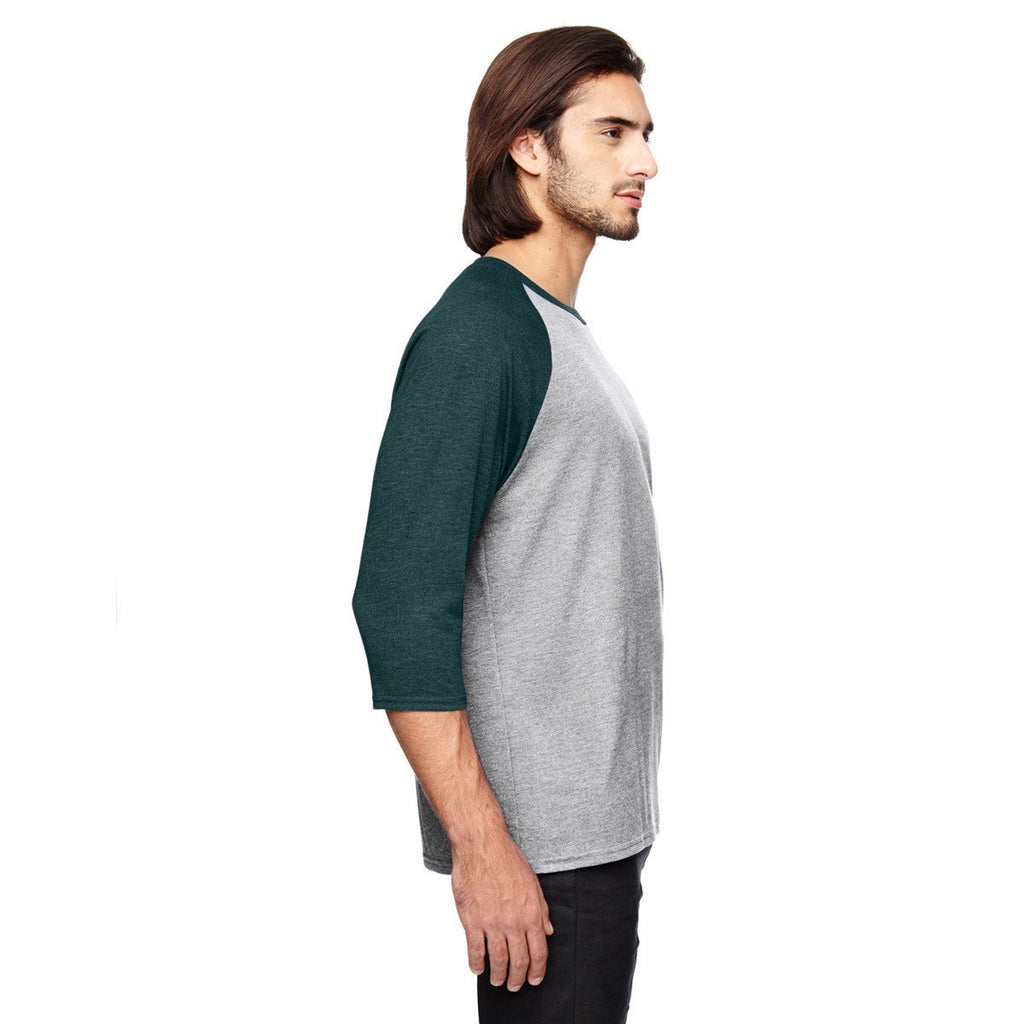 Anvil Men's Heather Grey/Heather Dark Green Triblend 3/4-Sleeve Raglan T-Shirt