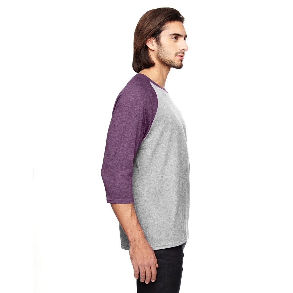 Anvil Men's Heather Grey/True Heather Aubergine Triblend 3/4-Sleeve Raglan T-Shirt