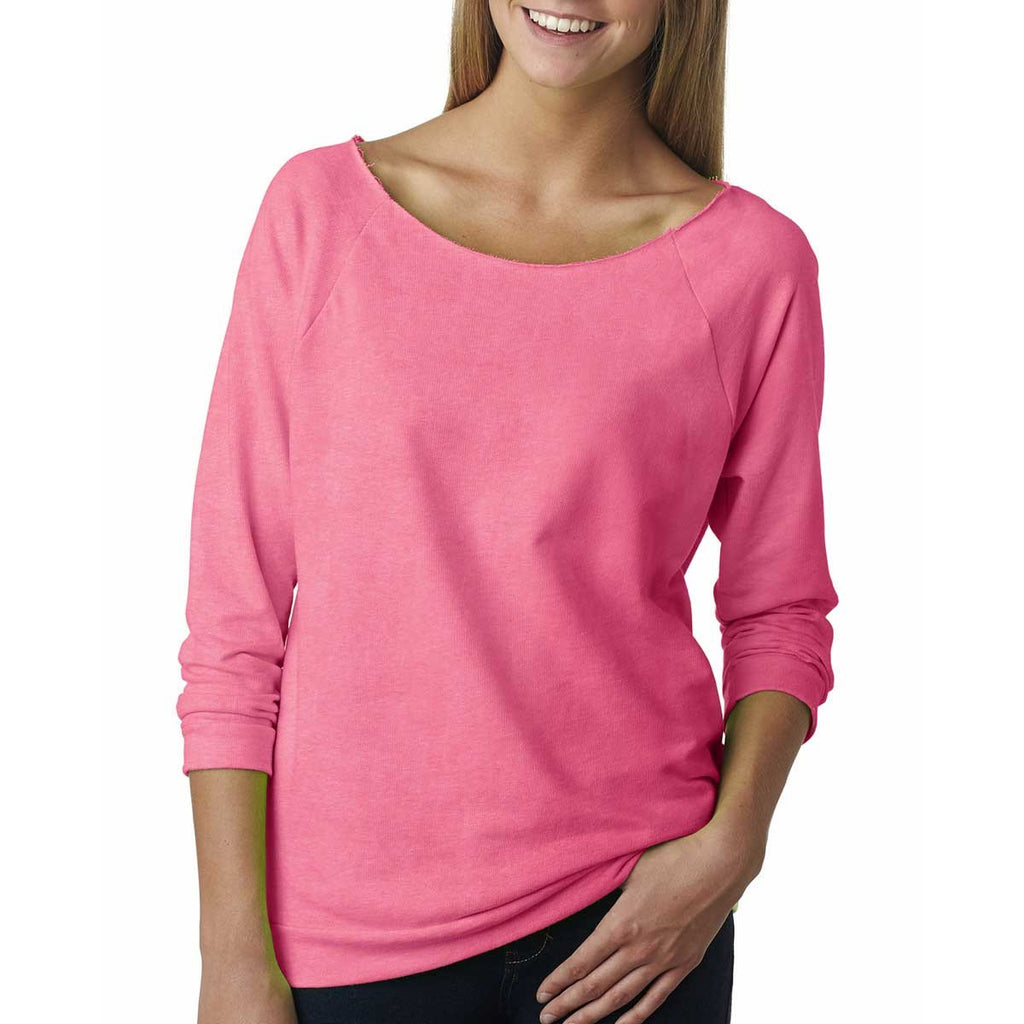 Next Level Women's Neon Heather Pink Terry Raw-Edge 3/4-Sleeve Raglan Tee