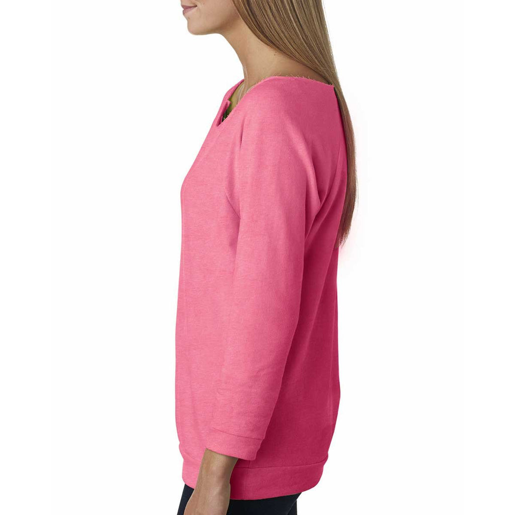 Next Level Women's Neon Heather Pink Terry Raw-Edge 3/4-Sleeve Raglan Tee