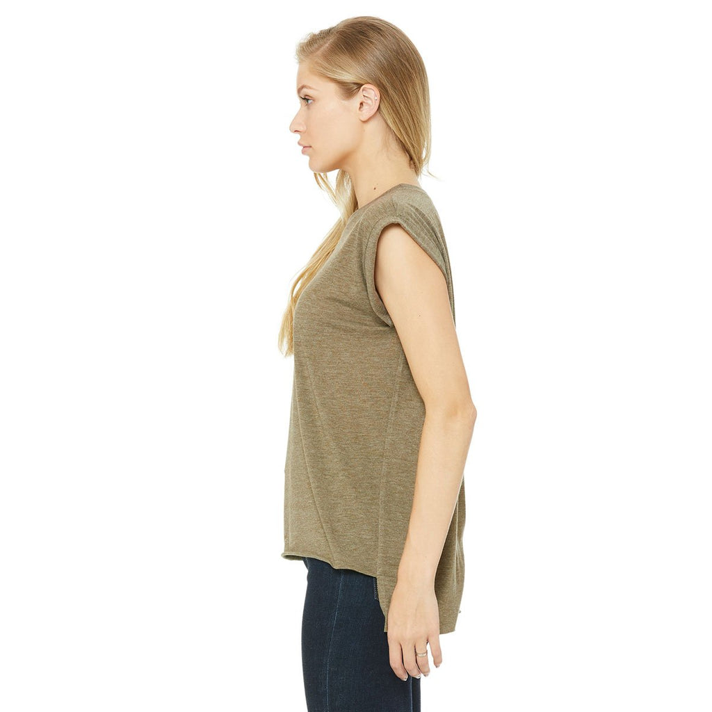 Bella + Canvas Women's Heather Olive Flowy T-Shirt with Rolled Cuff