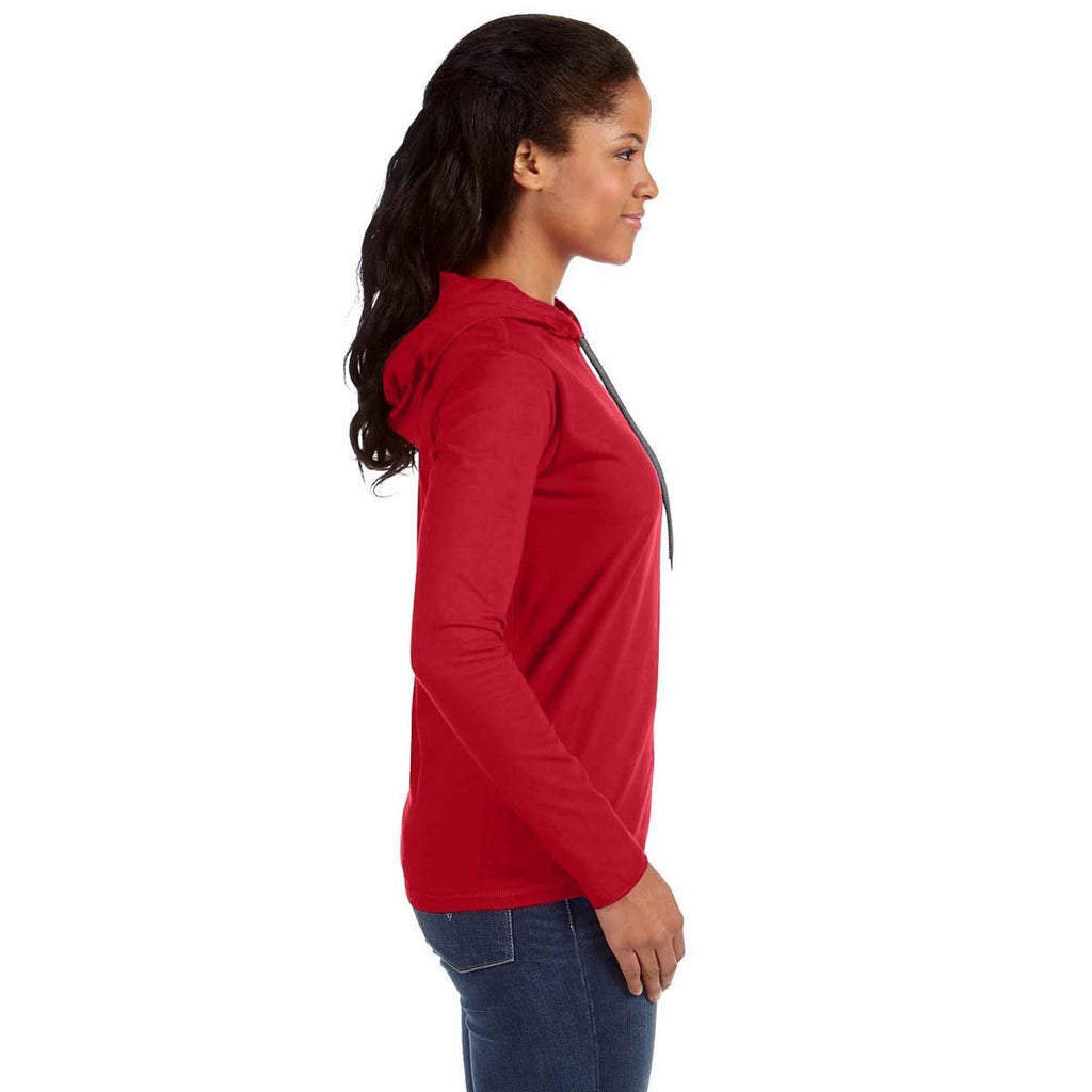 Anvil Women's Red/Dark Grey Long-Sleeve Hooded T-Shirt