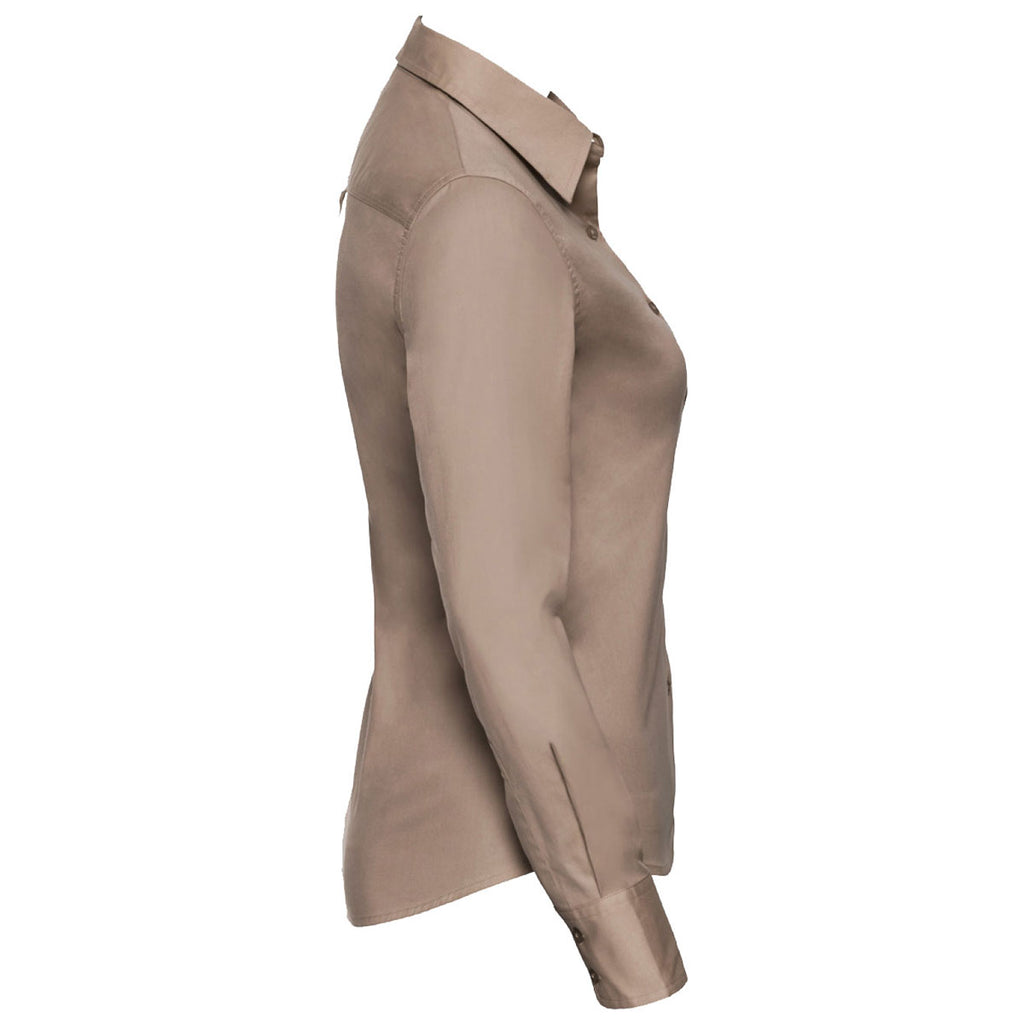 Russell Collection Women's Khaki Long Sleeve Classic Twill Shirt