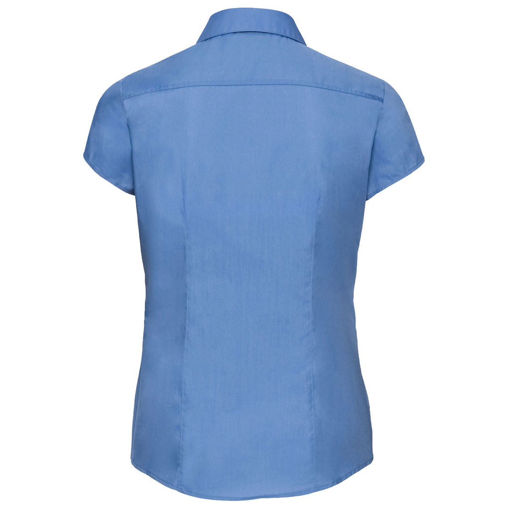 Russell Collection Women's Corporate Blue Cap Sleeve Fitted Poplin Shirt