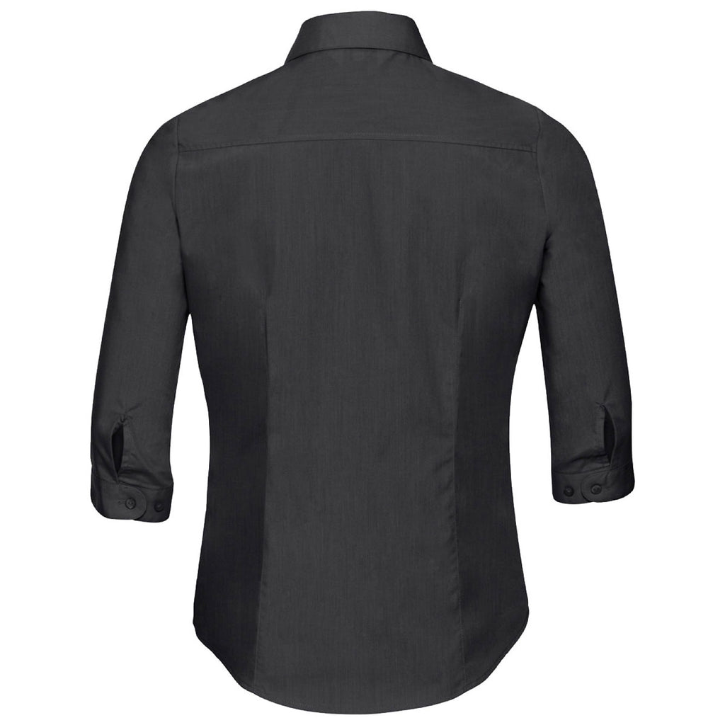 Russell Collection Women's Black 3/4 Sleeve Fitted Poplin Shirt