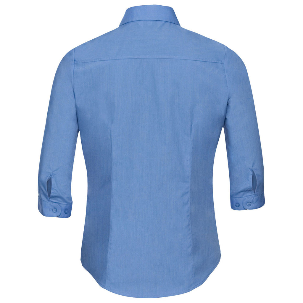 Russell Collection Women's Corporate Blue 3/4 Sleeve Fitted Poplin Shirt