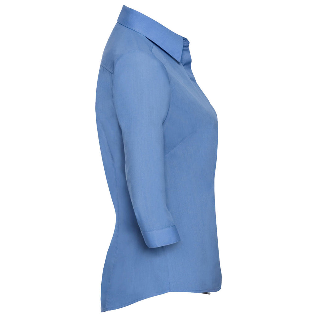 Russell Collection Women's Corporate Blue 3/4 Sleeve Fitted Poplin Shirt