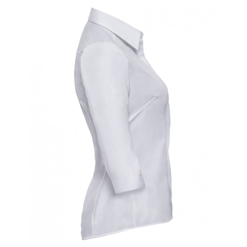 Russell Collection Women's White 3/4 Sleeve Fitted Poplin Shirt