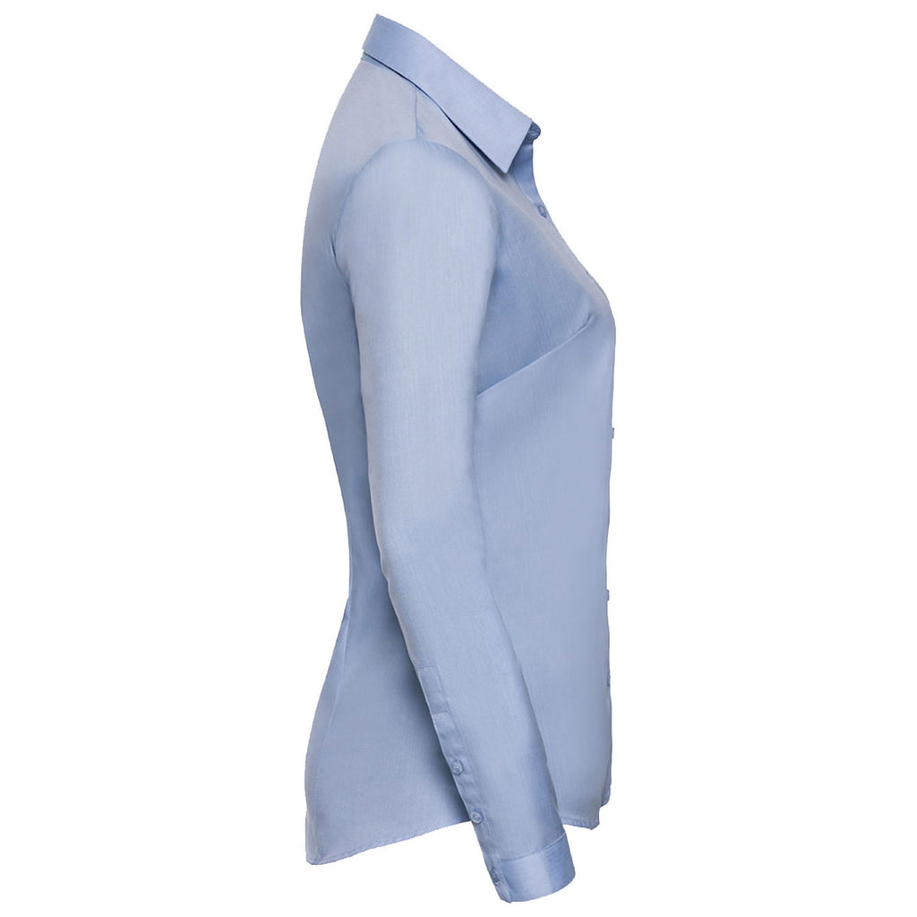 Russell Collection Women's Light Blue Long Sleeve Herringbone Shirt