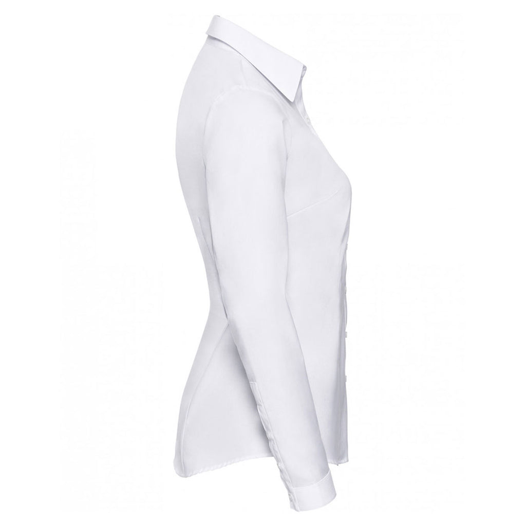 Russell Collection Women's White Long Sleeve Herringbone Shirt