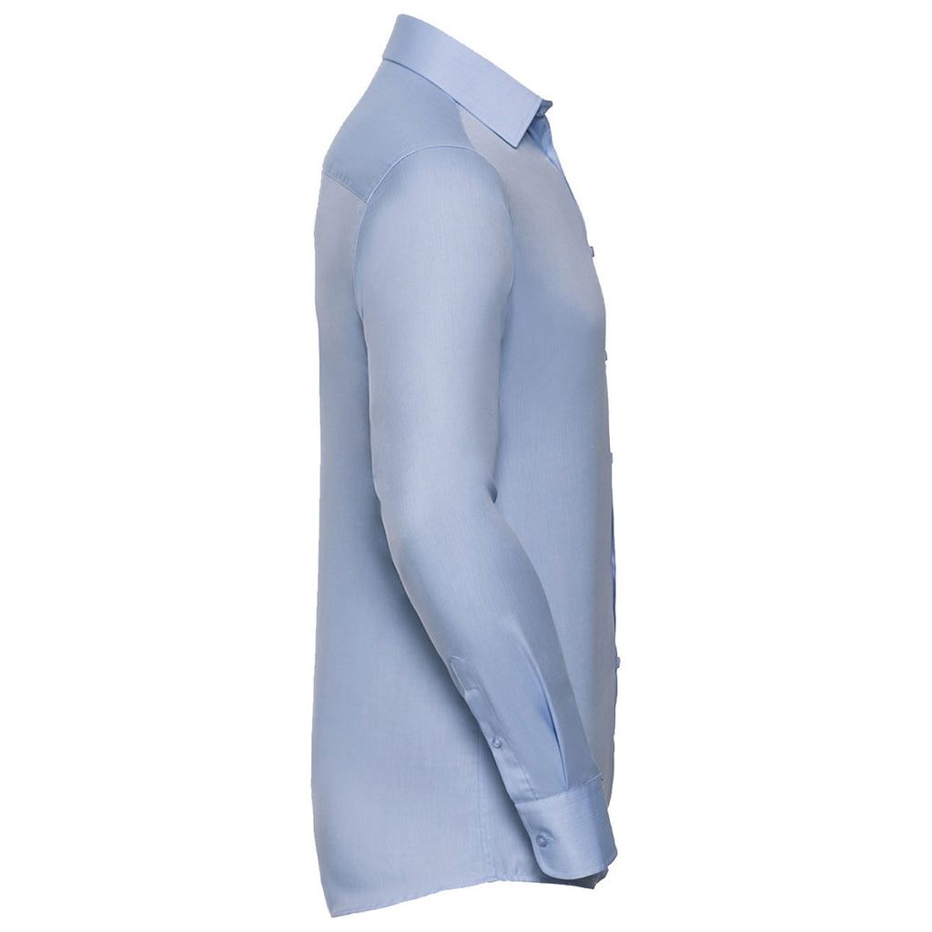 Russell Collection Men's Light Blue Long Sleeve Herringbone Shirt