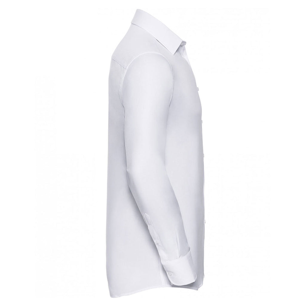 Russell Collection Men's White Long Sleeve Herringbone Shirt