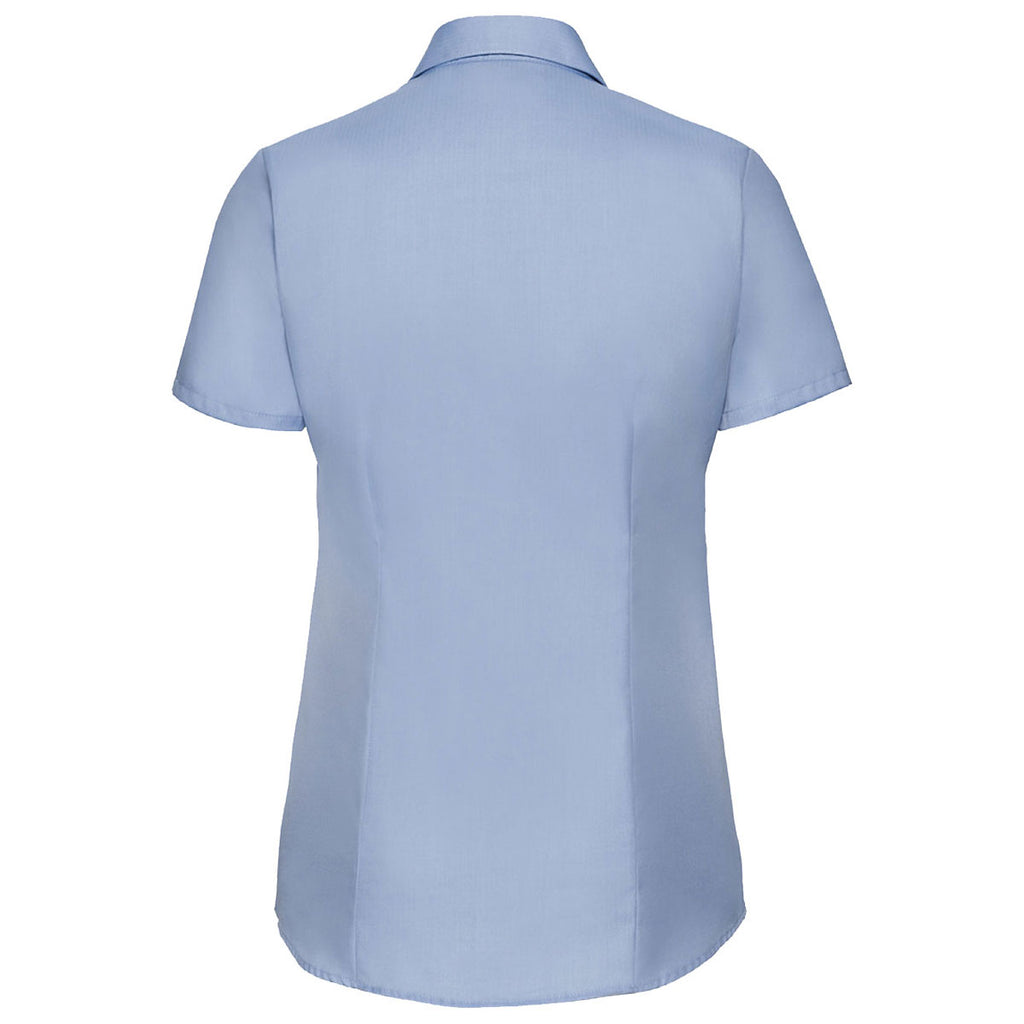 Russell Collection Women's Light Blue Short Sleeve Herringbone Shirt