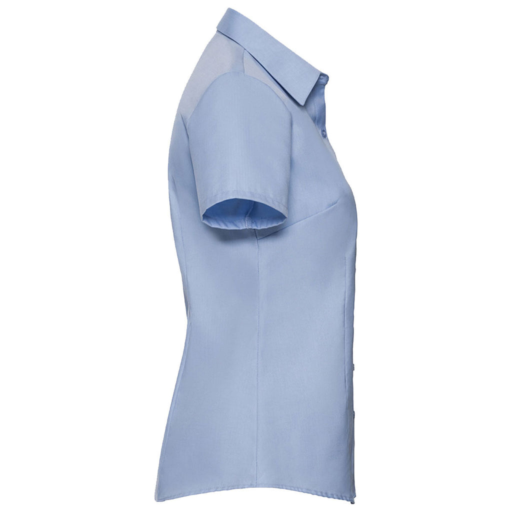 Russell Collection Women's Light Blue Short Sleeve Herringbone Shirt