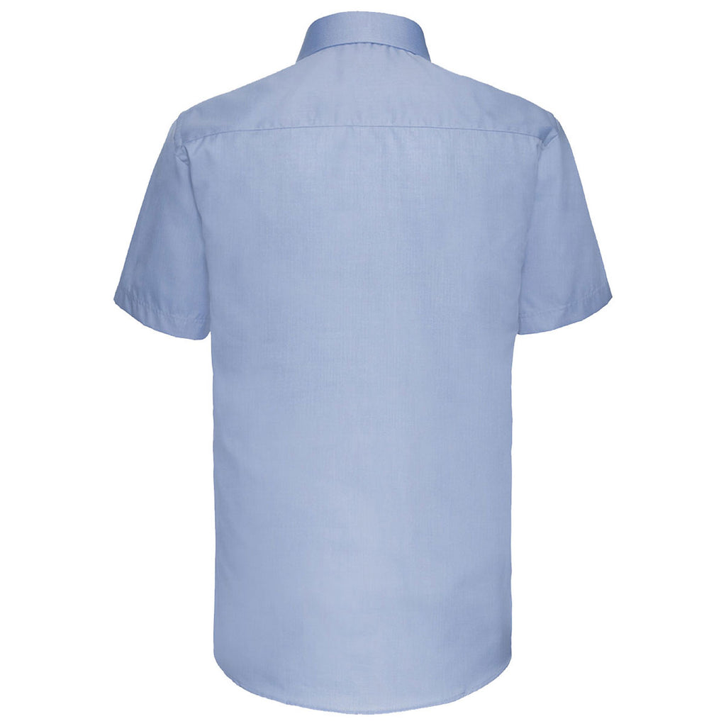 Russell Collection Men's Light Blue Short Sleeve Herringbone Shirt